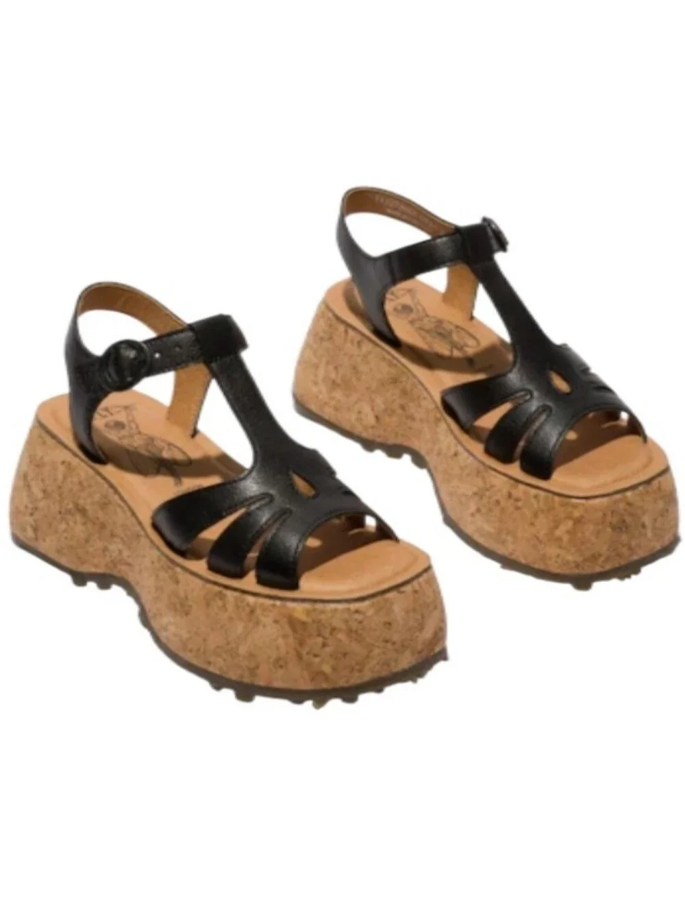 Fly London Coil Platform Black Leather T-Strap Cork Sandals-NEW